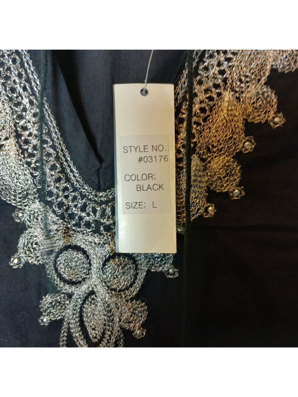 Ing.Com Black Large Tunic Top W/ Silver Embroidery Tassel Cotton Hippy Boho #I-2 - Picture 5 of 10